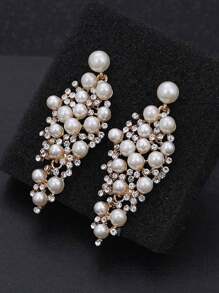 1 Pair Elegant Faux Pearl & Crystal Alloy Drop Earrings, Bridal Wedding Accessories, Luxury Oversized Statement Earrings