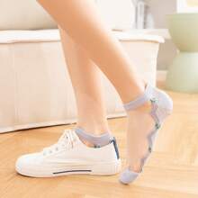 5 Pairs Women's Summer Crystal Mesh Socks, Lightweight Breathable Glass Crystal Socks With Embroidered Ditsy Floral Details, Machine Washable, Cute Invisible Boat Socks, Ladies Stockings And Socks