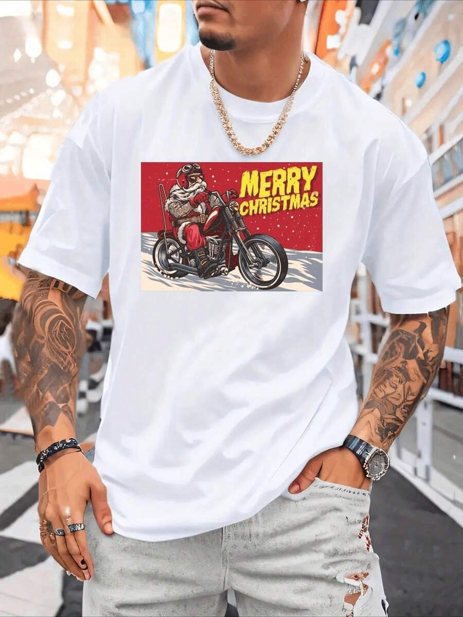 Camiseta Estampado Gráfico "Motociclista vintage de Papá Noel en una chopper V2" - Camiseta Ligera De Cuello Redondo Para Hombre Con Estampado, Top Casual De Verano En Negro, Diseño Gráfico Blanco, Tejido De Poliéster Cómodo Para Atuendo Casual, Ropa De Playa | Cuello Redondo Casual | Camiseta Ligera, Camisa De Playa Tejido Transpirable 220g Algodón Pesado