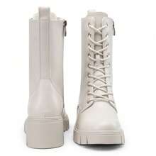 Women's Mid Calf Combat Boots Lace Up Elastic Chunky Platform Boot With Side Zipper - 米色 - 查看 3