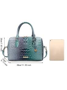 Luxury Crocodile Pattern Handbag, Retro Genuine Purse, Women's Classic Boston Bag & Shoulder Bag - 10#藍色+深藍 - 查看 7