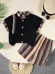 2 sztuki Letnia młodzieżowa chłopięca casualowa koszula z krótkim rękawem i paskiem w kontrastowym wykończeniu zestaw szortów