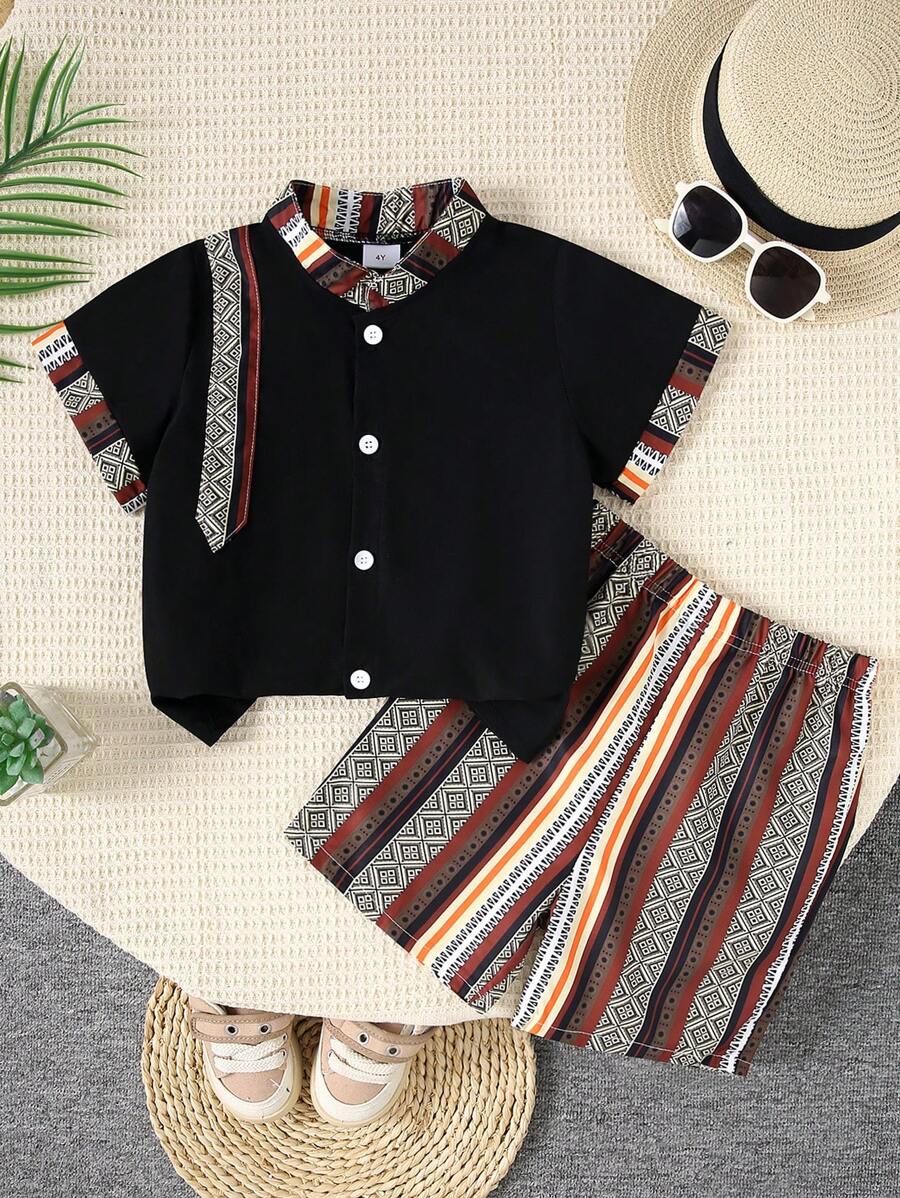 2 sztuki Letnia młodzieżowa chłopięca casualowa koszula z krótkim rękawem i paskiem w kontrastowym wykończeniu zestaw szortów
