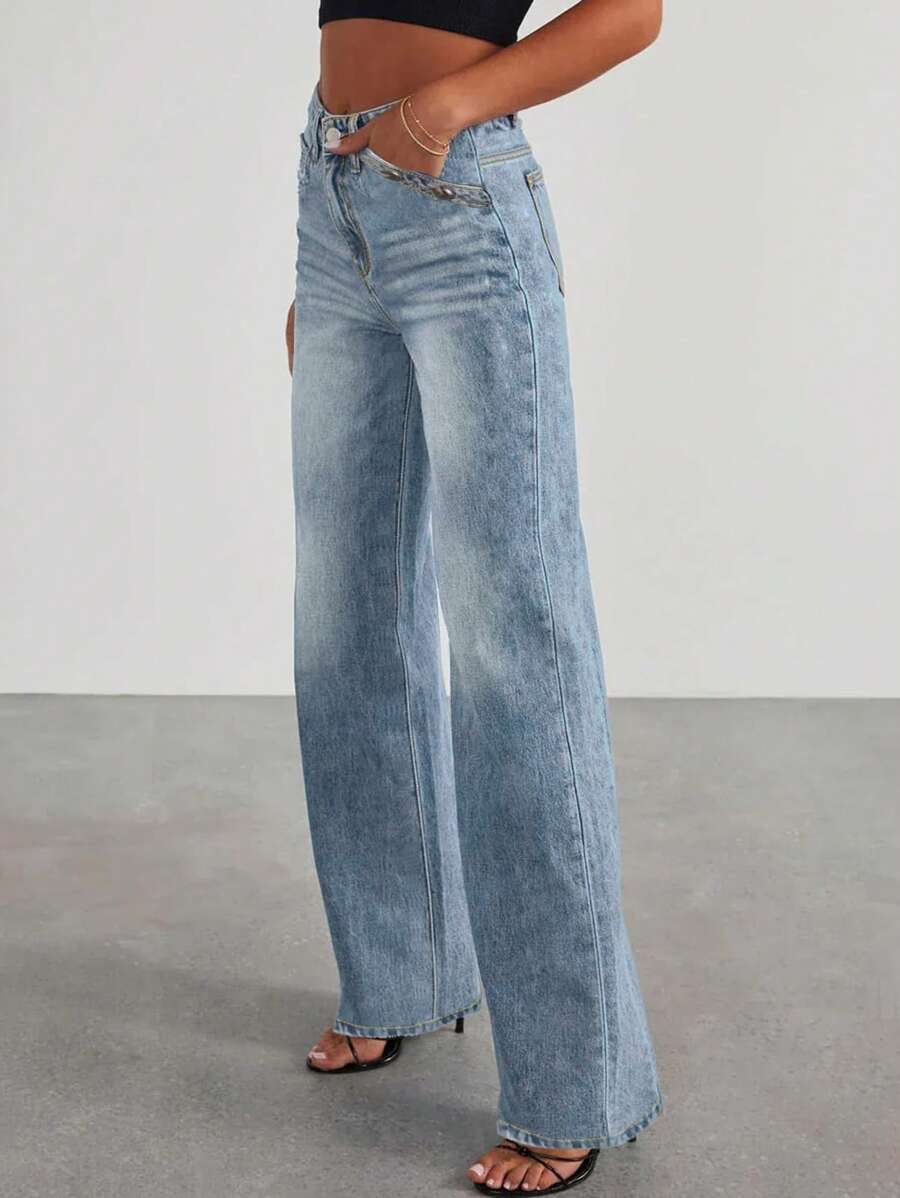 Women's Mid - Waist Loose Fit Denim Jeans With Button And Pockets - Casual Wide - Leg Trousers For Women-Fall Clothes For Women - 淺色水洗藍 - 查看 1