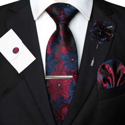 1/2/3/4/5件套男士花卉印花领带、丝缎领带、银色领带夹、口袋巾、袖扣和胸花，多种组合可选，适合作为父亲节、周年纪念日、生日等场合的礼物。经典花卉图案与燕尾服和西装完美搭配，让您在舞会、婚礼、庆典、典礼、正式会议、休闲派对和重要时刻等任何场合脱颖而出。男士领带