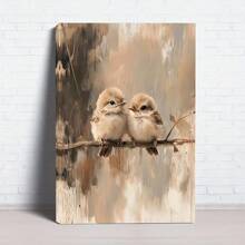 1 bức tranh vải canvas phong cách cổ điển hình chú chim non màu nước trên cành cây có khung gỗ - tông màu trung tính, nền có họa tiết, tranh treo tường sẵn sàng để trang trí phòng khách và phòng ngủ, quà tặng lý tưởng, đồ trang trí chim - 1 cái - Xem 1