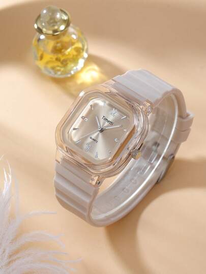 1pc Women Casual Affordable Square Minimalist Silicone Strap Quartz Wrist Watch, Suitable For Daily Wear