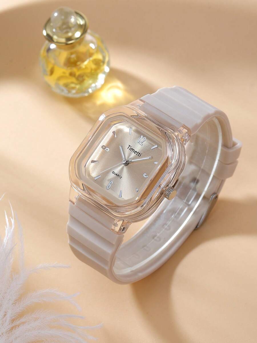 1 pieza Reloj de pulsera cuadrado minimalista casual y económico con correa de silicona para mujer, adecuado para uso diario - Beis - Ver 1