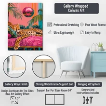 1pc Framed Canvas Poster, Cheetah Sleeping Under A Disco Ball Pink Wall Art Canvas Paintings, Ideal Gift For Bedroom Living Room Corridor, Wall Art, Room Decoration - Multicolor - View 6