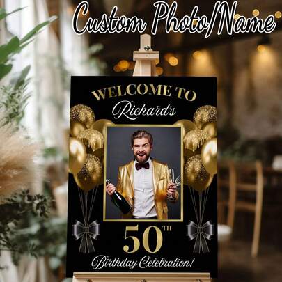 1pc- Black Gold Style Personalized Photo Birthday Poster, Custom Birthday Welcome Sign Photo, Custom Frameless Canvas Poster - Personalized Wall Art With Your Photo, Wall Decoration, Home Decoration Beautifully Decorated, Birthday Celebration Board Sign, Any Age, Modern Poster Printing, Stylish Outdoor Poster Decoration, Stylish Home Decoration Give Him A Unique Gift,Warm Ambience, Autumn Home Refresh,Home Harmony ,For Family