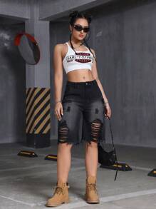 Jeans capri casuales de corte relajado con efecto desgastado y degradado en negro - Negro - Ver 4