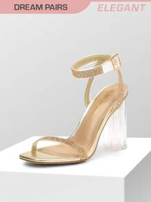 Women Transparent Chunky High Heel Sandals, Rhinestone Ankle Strap Open Square Toe High Heeled Sandals For School Party Prom Heels - Gold - View 2