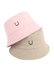 2pcs Women Smiling Face Embroidery Versatile Bucket Hats, Adjustable Festival Couples Casual Sports Hat For Cycling, Sightseeing, Travel, Streetwear, Party
