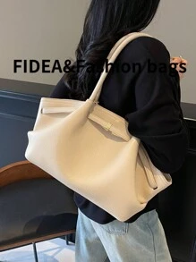 1 件女士大容量手提包，复古压花 PU 皮革，酒红色，带腰带装饰的手提包，时尚复古简约风格，适合女性购物、通勤、日常使用 - 米色 - 查看 6