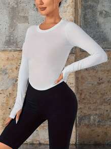 T-shirt casual, fitness, sport extérieur, extensible et doux, à manches longues, col rond, couleur unie, pour femmes, printemps/été