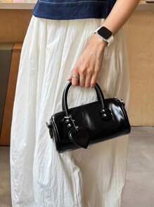 深色优雅亮面油皮圆柱包，小众设计波士顿枕头小包，时尚西式手提斜挎包 - 黑色 - 查看 5