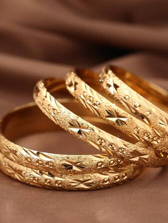 1/3/6 piezas Brazalete exquisitamente chapado en oro de 24 quilates de 8 mm de ancho con estrella y círculo tallados a mano en color dorado arenoso, adecuado para mujeres, se puede consultar la imagen detallada para ajustar, sin caja