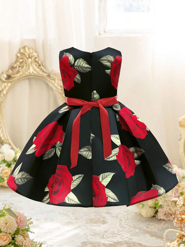 Rose Print Butterfly Decorated Party Dress For Young Girls, Bridesmaid Or Wedding Guest - Red and Black - View 3