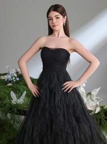 Teen Girls' Layered Mesh Overlay Strapless Party Dress - Black - View 7