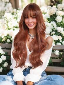 A Stylish 28-Inch Synthetic Heat-Resistant Fiber Wig With Long Orange Curls With Bangs For Women's Wigs Is The Perfect Daily Wear For Holiday Parties