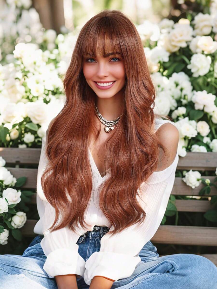A Stylish 28-Inch Synthetic Heat-Resistant Fiber Wig With Long Orange Curls With Bangs For Women's Wigs Is The Perfect Daily Wear For Holiday Parties