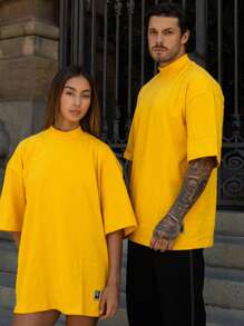 Oversized Plain Turtleneck Basic Streetwear T-Shirt For Men Unisex - 黃色 - 查看 3