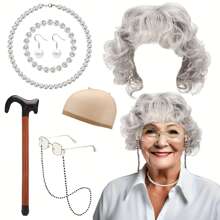 8pcs Vintage Grandma Costume Accessories Set, Including A Wig With Hair Net, A Pair Of Glasses With Chains, A Pearl Necklace, An Infl Crutch, A Bracelet, A Pair Of Earrings, Suitable For Carnival Mask Play. Prom Halloween