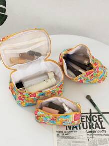 拼布心形和花卉刺绣化妆包，清新风格时尚休闲便携式化妆包，多功能大容量收纳包，可装钱包、口红、卫生巾、钥匙、衣服、化妆品、洗漱用品 - 紅色 - 查看 2