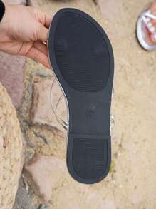 Women's Summer Fashion Versatile Butterfly Slide Sandals, Simple Solid Color Round Toe Flat Slippers For Indoor & Outdoor, Viral New Design - Silver - View 6