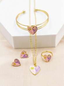 5 件套可爱卡通花朵、蝴蝶、心形吊坠项链、戒指、手链、耳环首饰套装、精美礼物、新品 - 均碼 - 查看 1