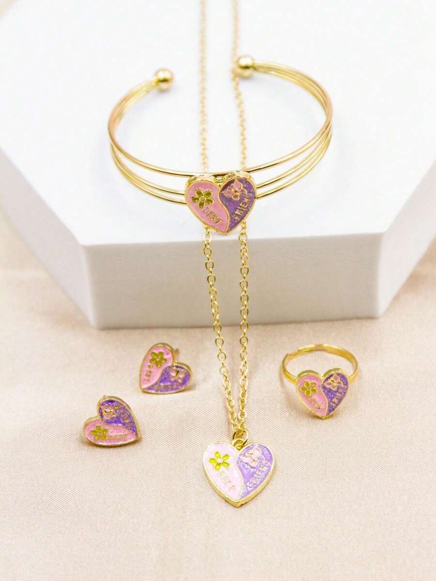 5 件套可爱卡通花朵、蝴蝶、心形吊坠项链、戒指、手链、耳环首饰套装、精美礼物、新品 - 均碼 - 查看 1