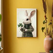 1pc St. Patrick's Day Framed Canvas Wall Art Poster Realism Surrealism Green Neutral A White Rabbit Holding A Four Leaf Clover Wall Art For Living Room Bedroom Bathroom Kitchen Apartment Hotel, Artful Home Decoration - Framed, Vertical