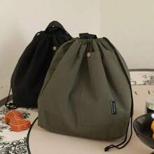 Japanese Korean Lunch Bag Cotton Canvas Large Solid Color Drawstring Portable Thermal Insulated Picnic Storage Bento Box Bag - Black - View 5