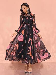 2pcs/Set Women Elegant Random Lace Print Dress, Formal, Party Dress, Gown, For Evening, Wedding Guest, For Valentine's Day - Black - View 6