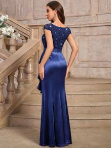 Elisanya 深 V 领撞色亮片蕾丝荷叶边美人鱼下摆缎面晚会长裙、正式礼服、长袍，适合婚礼宾客 - 查看 3