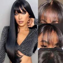 Natural Black Striaight Human Hair Wig With Bangs Human Hair 4x4 Closure Wig With Bangs Straight Glueless Long Wig With Bangs Lace Closure Wigs For Women Virgin Brazilian Human Hair Natural Black - Natural Black - 查看 2