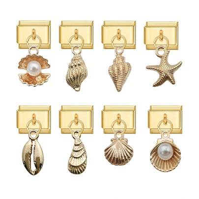 1PC Ocean Series New Italian Module Charms Stainless Steel Gold Color With Zinc Alloy Ocean Shell Pendants For Daily Use Gift For Festival