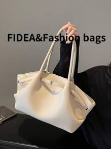 1 件女士大容量手提包，复古压花 PU 皮革，酒红色，带腰带装饰的手提包，时尚复古简约风格，适合女性购物、通勤、日常使用 - 米色 - 查看 5