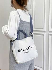 White Canvas Bag Ins Style Messenger Bag Printed With Letters "MILANO ITALY ﻿", Large-Capacity New Cute Shoulder Bag, Diagonal Shoulder Bag, Cute Bow Leopard Design Highland Cow Pattern, Large-Capacity Tote Bag, Portable, Adjustable Blue Shoulder Strap,With Artistic Letters And Pattern Printing Design, And Convenient Shopping Bag For Daily Use. Teacher'S Thank-You Gift, Mother'S Day Gift, Suitable For Travel,Beach, School, Work & Daily Use