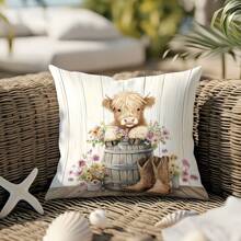 1 件 17.7*17.7 英寸 (45*45 厘米) [单面印花] 花卉牛仔靴高地牛印花涤纶抱枕套，适合日常使用、家居装饰、客厅沙发、卧室、汽车 [不含枕芯]