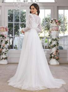 UNITHORSE Sweetheart Collar Long Sleeve Pearl Embroidery Lace Mesh White Wedding Dress Gown,Bride, All White Party Outfit Women - White - View 2