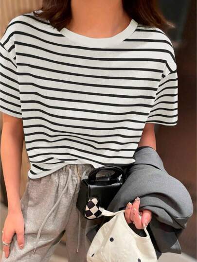 K&K FASHION T-Shirt Blusa Basica Com Listras,Camiseta Feminina Listrada Casual Básica Versátil