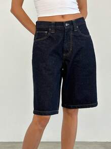 Women's Knee Length Denim Shorts Loose Solid Color Low Rise Wide Leg Long Shorts With Pockets For Summer - Navy Blue - View 5