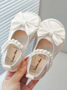 1 Pair Children Fashion Flat Shoes, Infant Toddler Princess Style Bow Decor Adorable Princess Shoes,White Faux Pearl Dance Shoes, Lightweight Non-Slip Breathable Indoor & Outdoor Casual Shoes - Beige - View 4
