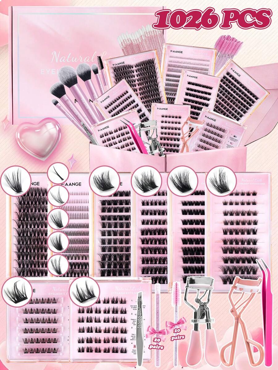 MAANGE 全新 1026 簇 CC 卷曲漫画睫毛和自粘睫毛礼品套装，满足美丽女性的所有需求，带自粘睫毛的单独睫毛延长套件，含 2 件睫毛镊子 + 2 件睫毛夹 + 20 件睫毛梳 + 20 件唇刷 + 6 件化妆刷，DIY 塔尖麦穗假睫毛