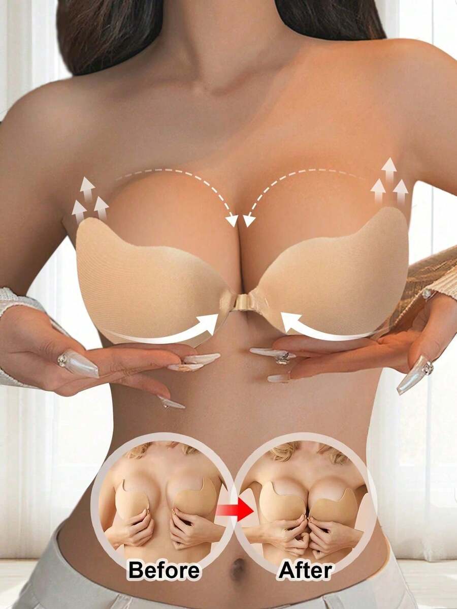 Áo ngực nâng ngực vô hình, áo ngực không dây hở lưng dành cho nữ, miếng độn ngực silicon tự dính không đường may, đồ lót cô dâu - Màu be - Xem 1