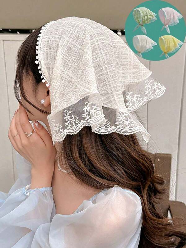 1 pièce Foulard de tête style campagne française en dentelle, foulard triangle mode, bandeau pour cheveux de femme, accessoires bord de mer, ruban de foulard élégant rétro, accessoires pour cheveux à fleurs, bohème unicolore, mignon, élégant, essentiel pour les photos de voyage, bandeau turban en polyester, serre-tête