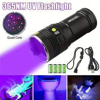 VASTFIRE High-Power 365nm UV Flashlight With 8 LEDs - Rechargeable Black Light Torch For Scorpion Detection, Blood Tracking, Resin Curing, Jade Identification & Pet Urine Finding - Includes Batteries, Aluminum Alloy, Black, Jewelry Identification Flashlight