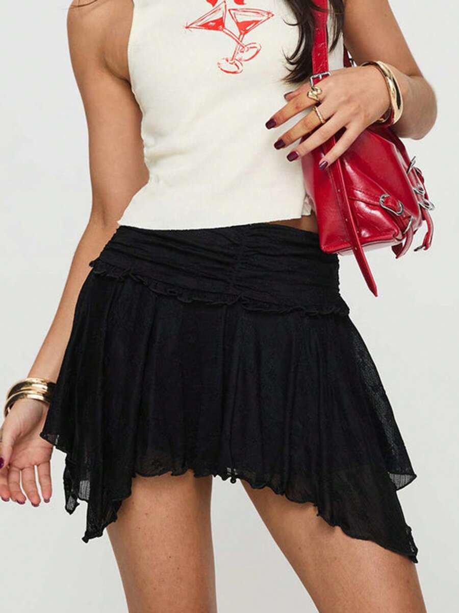 Women's Mini Skirts Lace Ruched High Waist Skirts Spring Summer Irregular Hem Casual Skirts - 黑色 - 查看 1