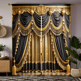 2PCS Gorgeous Palace Golden Curtains The Living Room, Bedroom, Study Decorative Curtains